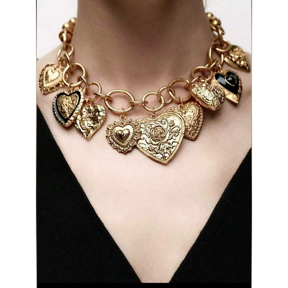 Gold Heart Charm Necklace Chunky Chain Statement Stainless Steel